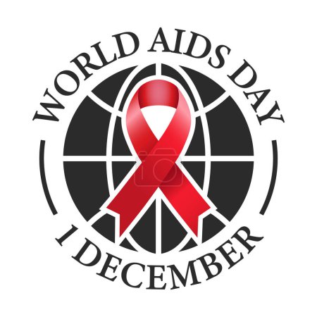 Ilustración de La insignia del Día Mundial del SIDA con cinta de sensibilización El diseño de la pancarta del VIH / SIDA, emblema, sello de goma, camiseta, síndrome de inmunodeficiencia adquirida o SIDA se observa el 1 de diciembre Ilustración vectorial mundial - Imagen libre de derechos