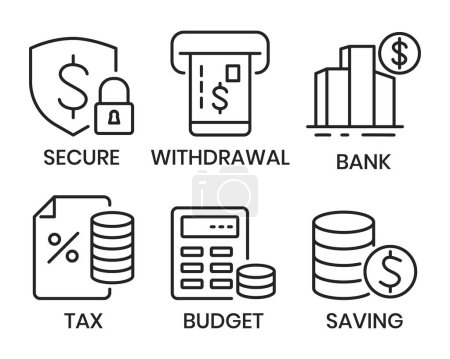 Illustration for Financial And Banking icon Set For Apps And Website, UI UX Icons, Budget Icon, Tax, Income, Payment, Investment Data, Profit, Coins, Growth, Financial Fraud, Debt And Credit Card Vector Illustration - Royalty Free Image