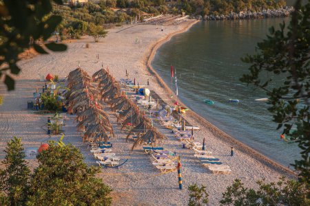 Beautiful view of Tigani Beach near Tyros town, Peloponnese, Myrtoan Sea, GREECE in summer morning. Horizontal.