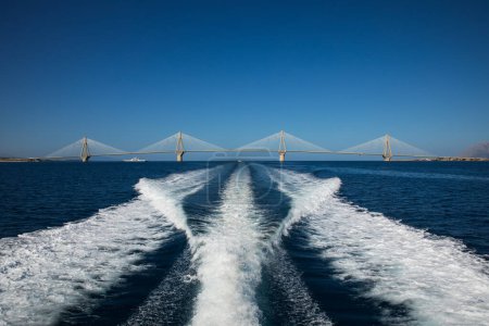 The Rio-Antirrio Bridge or Charilaos Trikoupis Bridge, photo taken from the yacht. Horizontal.