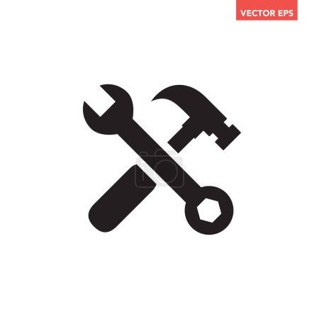 Illustration for Black single hammer and wrench crossed icon, tools needed, simple professional equipment flat design pictogram vector for app logo web banner button ui ux interface elements isolated on white background - Royalty Free Image