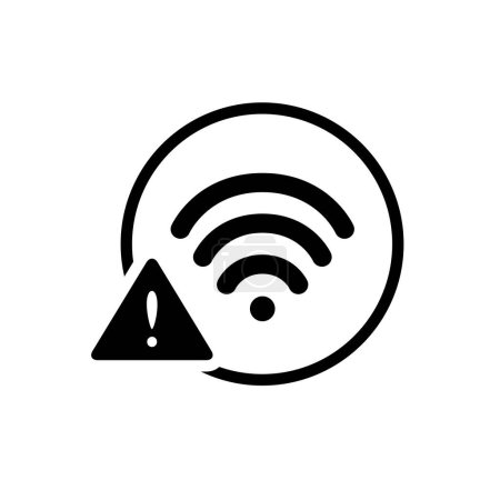 Illustration for Black wifi warning with caution icon, wifi lost or disconnect, simple technology flat design vector pictogram, infographic interface elements for app logo web button ui ux isolated on white background - Royalty Free Image