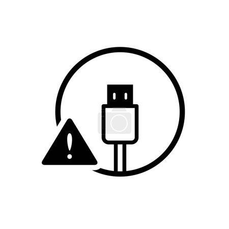 Illustration for Black round USB cable warning issue icon, digital problem indicator technology flat design vector pictogram, infographic interface elements for app logo web website button ui ux isolated on white background - Royalty Free Image