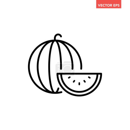 Illustration for Black single watermelon with slice piece line icon, simple fresh juicy fruit flat design pictogram, infographic vector for app logo web button ui ux interface elements isolated on white background - Royalty Free Image