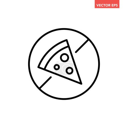 Illustration for Black single round pizza forbidden thin line icon, simple no food allowed stop sign flat design pictogram, infographic vector for app logo web button ui ux interface isolated on white background - Royalty Free Image