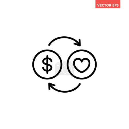 Illustration for Black single trade love thin line icon, simple donation or heart exchange flat design pictogram, infographic vector for app logo web button ui ux interface elements isolated on white background - Royalty Free Image