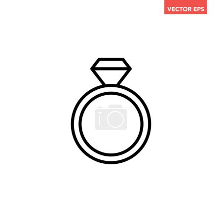 Illustration for Black single round diamond ring thin line icon, simple love wedding tradition flat design pictogram, infographic vector for app logo web button ui ux interface elements isolated on white background - Royalty Free Image