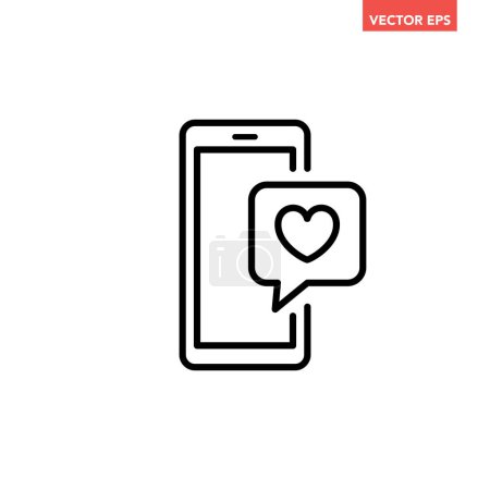 Illustration for Black single smartphone with heart bubble message line icon, simple digital graphic flat design pictogram, infographic vector for app logo web button ui ux interface isolated on white background - Royalty Free Image