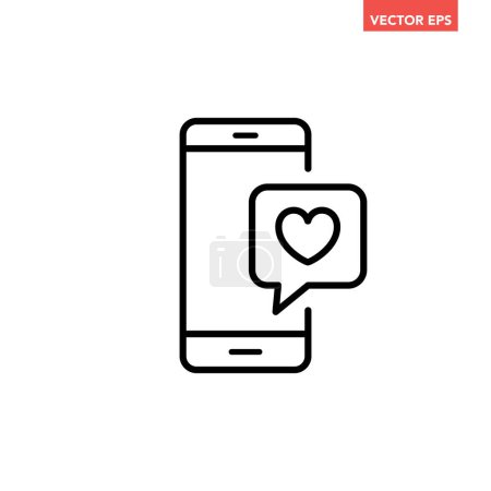 Illustration for Black single love message on smartphone line icon, simple online dating flat design pictogram, infographic vector for app logo web button ui ux interface elements isolated on white background - Royalty Free Image