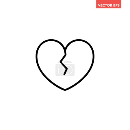 Illustration for Black single broken heart thin line icon, simple end of relationship flat design pictogram, infographic vector for app logo web button ui ux interface elements isolated on white background - Royalty Free Image