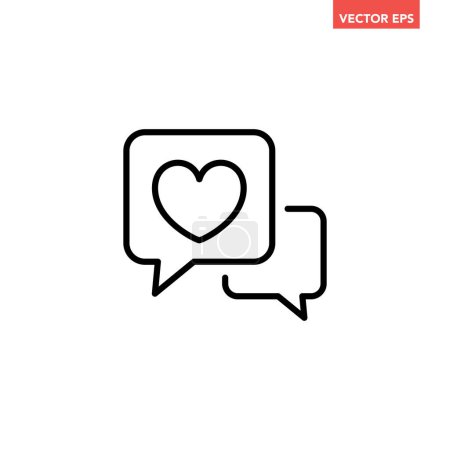 Ilustración de Corazón único negro en el icono de la línea de la burbuja del habla, simple cuadro de texto de amor de chat pictograma de diseño plano, vector infográfico para el logotipo de la aplicación botón web ui ux elementos de interfaz aislados en el fondo blanco - Imagen libre de derechos