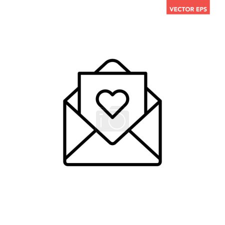 Illustration for Black single love open envelope mail thin line icon, simple romance flat design pictogram, infographic vector for app logo web button ui ux interface elements isolated on white background - Royalty Free Image