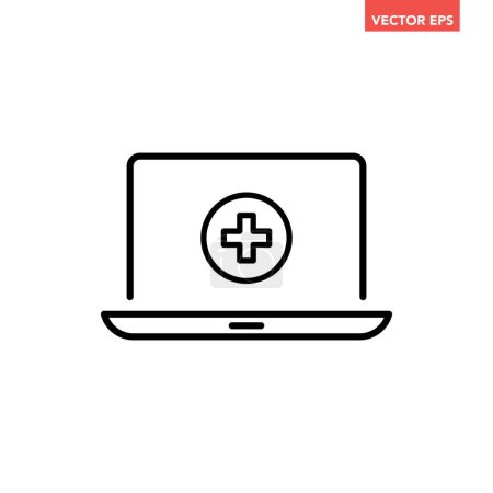 Illustration for Black single ehealth concept line icon, simple medical record stats on monitor flat design pictogram, infographic vector for app logo web button ui ux interface elements isolated on white background - Royalty Free Image