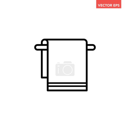 Illustration for Black single towel with hanger rack line icon, simple laundry flat design vector pictogram, infographic vector for app logo web website button ui ux interface elements isolated on white background - Royalty Free Image