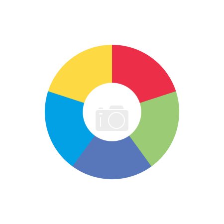 Illustration for Separate doughnut graph pie charts icon with 5 colorful parts. Morden flat design vector circular diagram or infographic illustration for logo button banner app ui ux web isolated on white background - Royalty Free Image