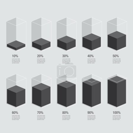 Illustration for Isometric chart bars, liquid histogram glasses 10% to 100% number text. Flat design illustration inforchart infographic elements for app ui ux web banner vector isolated on white background - Royalty Free Image