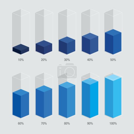 Illustration for Blue gradient slim chart bars template, 10% to 100% number text. Flat design interface illustration inforchart infographic elements for app ui ux web banner button vector isolated on white background - Royalty Free Image