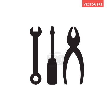 Illustration for Black screwdriver, wrench and pilers tools icon, simple professional equipment flat design infographic pictogram vector, app logo web button ui ux interface elements isolated on white background - Royalty Free Image
