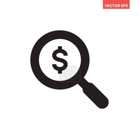 Illustration for Black find best offer price magnifying glass icon, simple currency search data survey with us $ dollar interface, app ui ux web button logo, flat design pictogram vector isolated on white background - Royalty Free Image