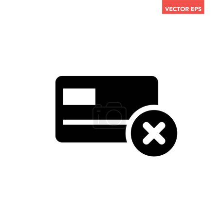 Illustration for Soiled black plastic declined debit or credit card icon, simple payment rejection flat design infographic pictogram vector, app logo web button ui ux interface elements isolated on white background - Royalty Free Image