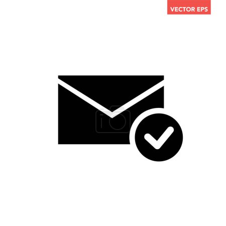 Illustration for Black selected email, mailbox, mail with checkmark icon, simple successful sent e-mail interface concept elements app ui ux web button logo, flat design vector isolated on white background - Royalty Free Image
