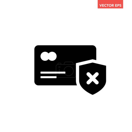 Illustration for Black single unsecured debit or credit card icon, simple transact safety x issue flat design infographic pictogram vector, app logo web button ui ux interface elements isolated on white background - Royalty Free Image