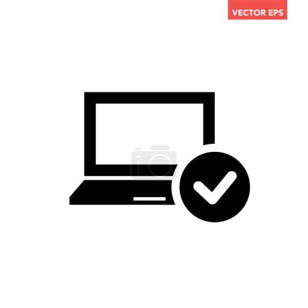 Illustration for Black modern digital laptop with confirmed check icon, simple tech flat design illustration infographic pictogram vector, app logo web button ui ux interface element isolated on white background - Royalty Free Image
