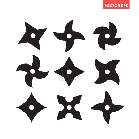 Ilustración de Conjunto de colección de iconos de hoja shuriken negro para elementos de interfaz, app ui ux web, glifos pictorgam diseño plano estilo vector eps 10 aislado sobre fondo blanco - Imagen libre de derechos