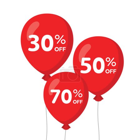 Ilustración de 3 globos voladores rojos con 30% 50% 70% ilustración de diseño plano de venta. Simple vector concepto moderno para el icono de anuncios de aplicaciones banner web botón ui ux elementos de interfaz aislados sobre fondo blanco - Imagen libre de derechos