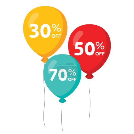 Illustration for 3 colorful flying balloons with 30% 50% 70% sale flat design illustration, red green yellow. Modern vector for app ads icon web banner button ui ux interface elements isolated on white background - Royalty Free Image