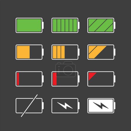 Illustration for Set of ui battery icons of different capacity, vector illustration - Royalty Free Image