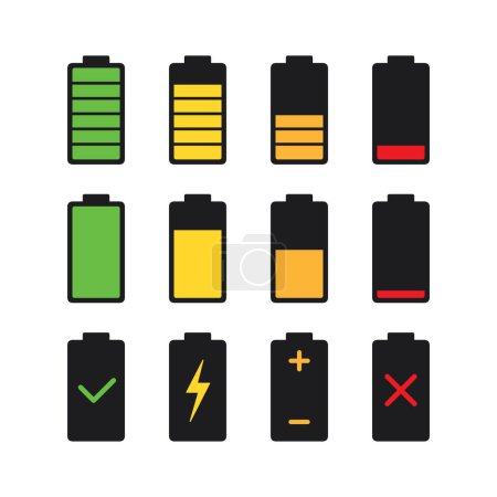 Téléchargez les illustrations : Jeu d'icônes ui batterie de capacité différente, illustration vectorielle - en licence libre de droit