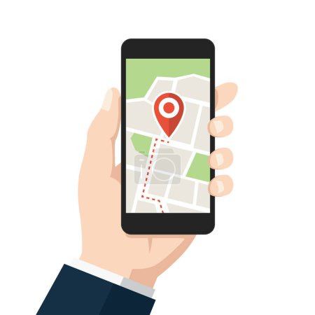 Ilustración de Mano celebración de teléfono inteligente y ubicación GPS. ilustración vectorial plana - Imagen libre de derechos