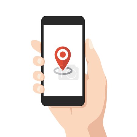 Téléchargez les illustrations : Main tenant smartphone et emplacement GPS. illustration vectorielle plate - en licence libre de droit