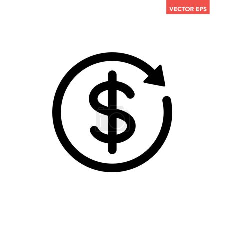 Illustration for Black round money transfer line icon, simple arrow financial dollar mark sale flat design vector pictogram, infographic interface element for app logo web button ui ux isolated on white background - Royalty Free Image