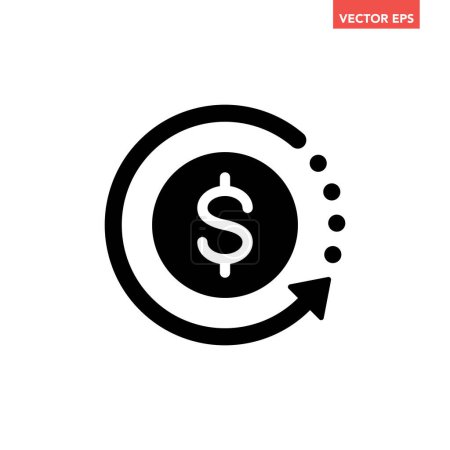 Illustration for Black round money back refund investment icon, financial repeat arrow flat design vector pictogram, infographic interface elements for app logo web button ui ux isolated on white background - Royalty Free Image