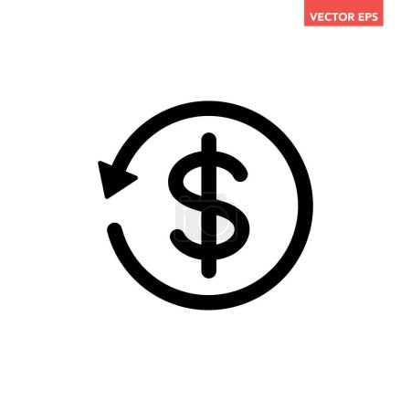 Illustration for Black round money back refund investment line icon, financial repeat arrow flat design vector pictogram, infographic interface elements for app logo web button ui ux isolated on white background - Royalty Free Image