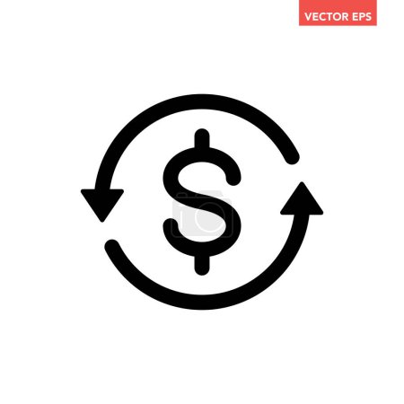 Illustration for Black round money back refund investment line icon, financial repeat arrow flat design vector pictogram, infographic interface elements for app logo web button ui ux isolated on white background - Royalty Free Image