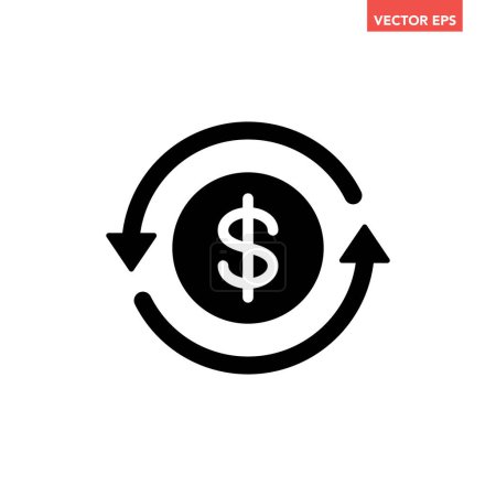 Illustration for Black round money back refund investment icon, repeat arrow flat design vector pictogram, infographic interface elements for app logo web button ui ux isolated on white background - Royalty Free Image