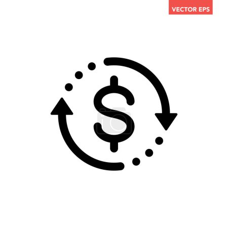 Illustration for Black round money transfer line icon, simple arrow financial dollar mark sale flat design vector pictogram, infographic interface element for app logo web button ui ux isolated on white background - Royalty Free Image