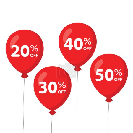 Téléchargez les illustrations : Ballons rouges avec des étiquettes de prix discount, illustration vectorielle design simple - en licence libre de droit