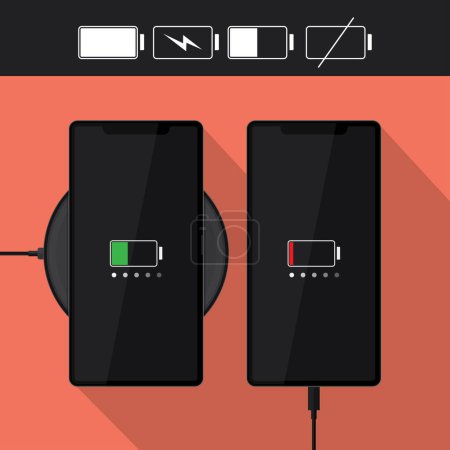 Téléchargez les illustrations : Batterie de charge avec illustration vectorielle smartphone - en licence libre de droit