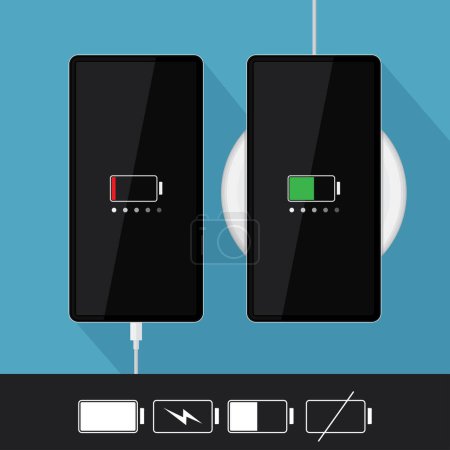 Ilustración de Ilustración realista de la colección de teléfonos inteligentes de diseño plano con indicador de batería y cable USB, elemento de interfaz gráfica para la aplicación ui ux botón web, vector aislado sobre fondo azul - Imagen libre de derechos