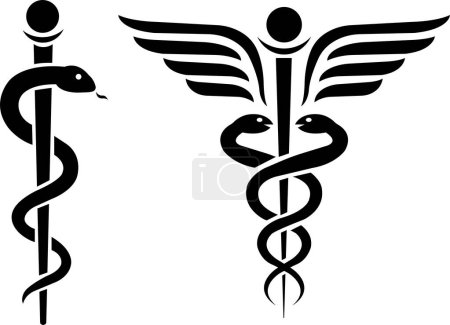 Illustration for Snake medical symbol icons with stick and wings vector isolated on white background. Caduceus of Hermes healthcare flat icon for medical apps and websites. - Royalty Free Image