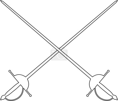 Illustration for Fencing sports logo solid design. Crossed rapiers swords or fencing duel line vector isolated on transparent background. Trendy style black icon for games and websites. - Royalty Free Image
