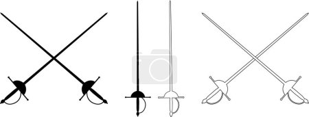 Illustration for Fencing sports icon set logo solid design collection. Crossed rapiers swords or fencing duel flat and line vector isolated on transparent background. Trendy style black icon for games and websites. - Royalty Free Image