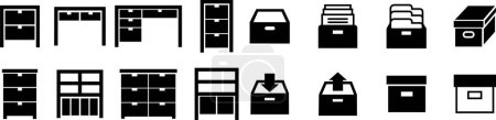 Conjunto de iconos del gabinete. Archivo documento carpeta caja de almacenamiento símbolo muebles vector pictograma. Vista frontal. Simple negro plano metro diseño colecciones de estilo de moda aislado sobre fondo transparente