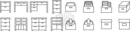 Cabinet icon set. Archive document folder box storage symbol furniture vector pictogram. Front view. Simple black line metro design trendy style collections isolated on transparent background
