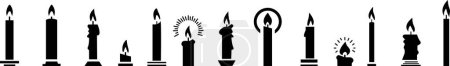 Set candle silhouettes for religion commemorative and party icon. Vector Black flat symbol collection isolated on transparent background. Editable stroke some melted and others solid.