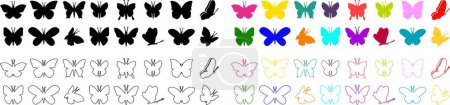 Butterflies silhouette black and colorful drawing flat or line icon set. Flaying butterflies vector collection isolated on transparent background. Use for graphic design, beauty, web and mobile app.